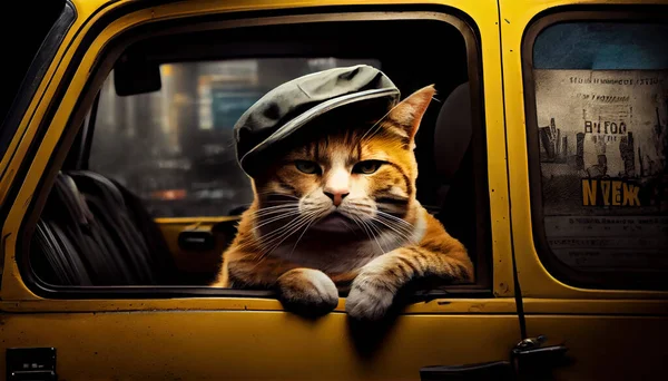 Taxi driver cat working in yellow city car, closeup