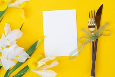 İris sarı ve beyaz çiçekleri yumuşak bahar arka planında, 8 Mart bayram arka planında, mimoz geleneksel Paskalya ve Anneler Günü çiçekleridir.