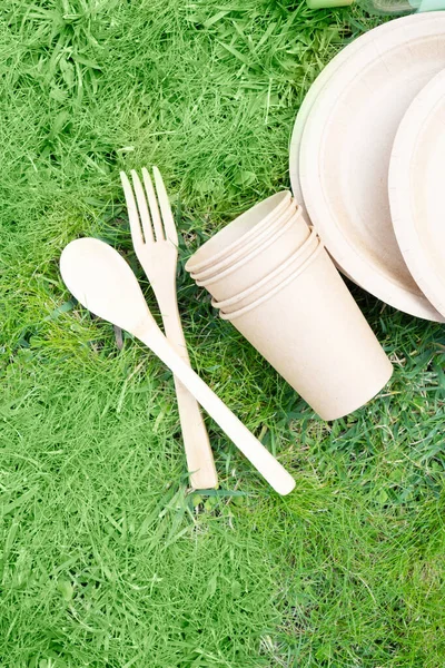 Концепция Нулевых Отходов Одноразовая Посуда Зеленой Траве — стоковое фото