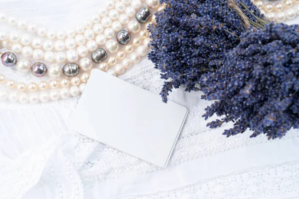 Dry Lavender Flowers Cloth Background Copy Space Blank Card — Fotografia de Stock