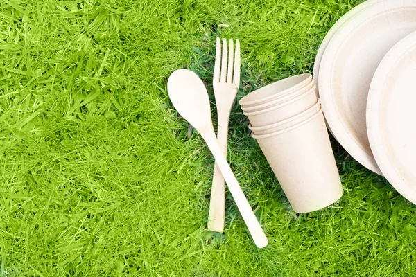 Концепция Нулевых Отходов Одноразовая Посуда Зеленой Траве Стоковое Изображение