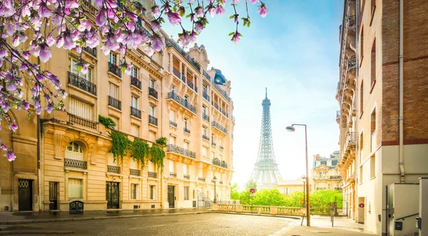 Acogedora Calle París Con Vista Famosa Torre Eiffel Día Nublado —  Fotos de Stock