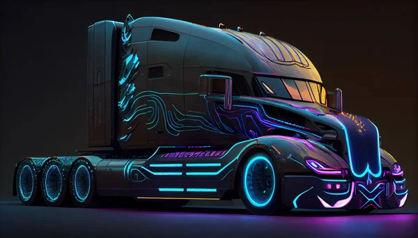 futuristic colored big truck with neon lights in dark background