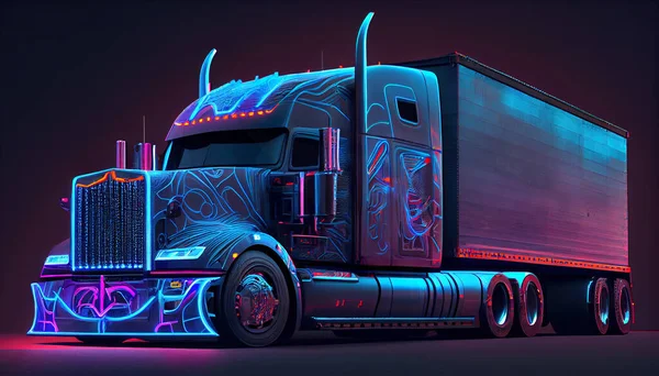 futuristic colored big truck with neon lights in night background