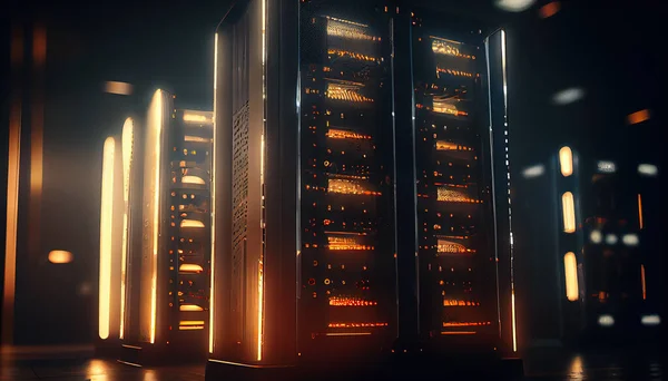mainframe computer server, digital technology cincept, in dark with lights