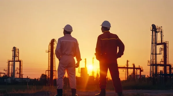Two engineers at black oil factory at sunset, conceptual illustration, created using ai tool