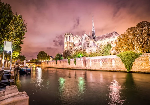 Notre Dame Cathedral Seine River Illuminated Night Paris France — Stock Photo, Image