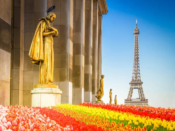 特洛加德罗花园的埃菲尔铁环和雕像 可追溯到20世纪30年代 巴黎的春天 — 图库照片