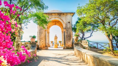beautiful details of Ravello village at summer, Amalfi coast of Italy with flowers, web banner fromat