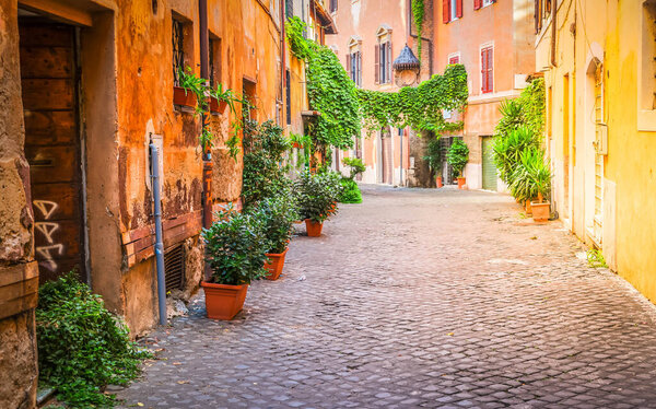 View of old town italian street in Trastevere, Rome, Italy