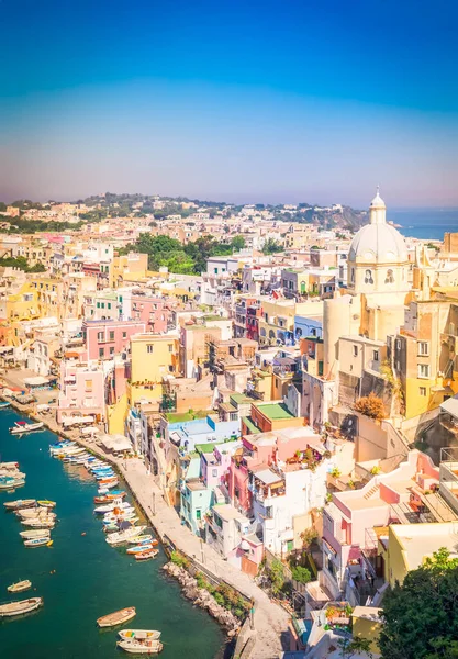 Procida Detaljer Färgglada Stad Med Hamn Italien — Stockfoto