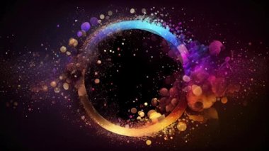 Bokeh ışıkları ve parçacıkları olan sihirli neon arkaplan, patlama ve kıvılcım girdabı, soyut koyu arkaplan