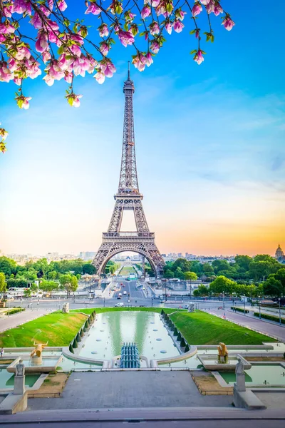 Wieża Eiffla Ogród Trocadero Zachodzie Słońca Paryżu Wieża Eiffla Jest — Zdjęcie stockowe