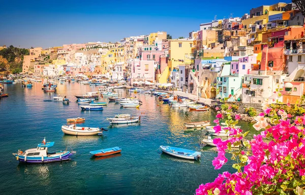 イタリア 花と夏に港とプロシダ島のカラフルな町 — ストック写真