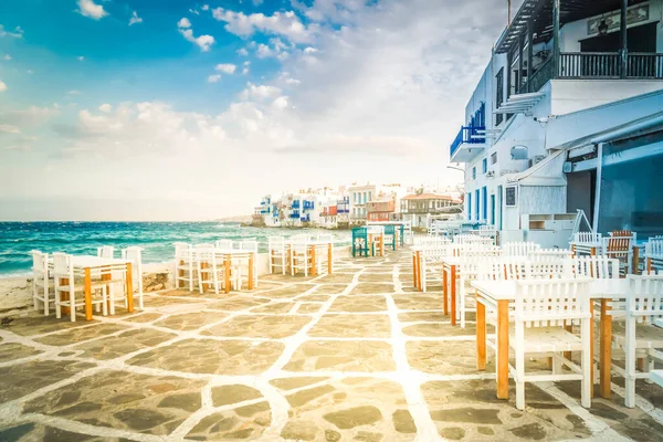 Yunanistan Mykonos Adası Nın Little Venice Semtindeki Sahil Kafe — Stok fotoğraf