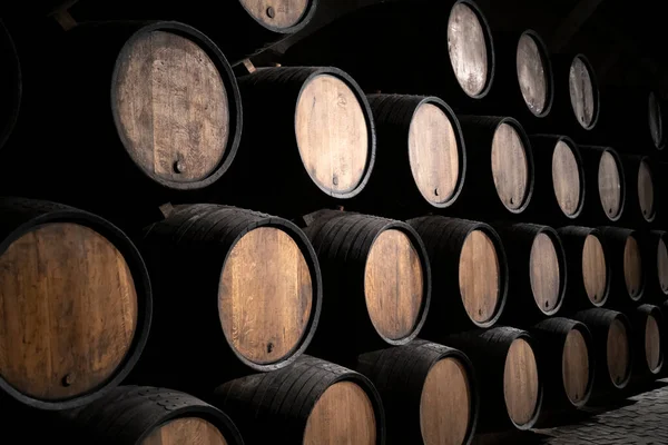 Wine Cellar Row Wooden Barrels — Stock Photo, Image