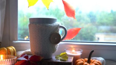 Sonbahar konsepti, penceresinde sıcak içki olan bardak.