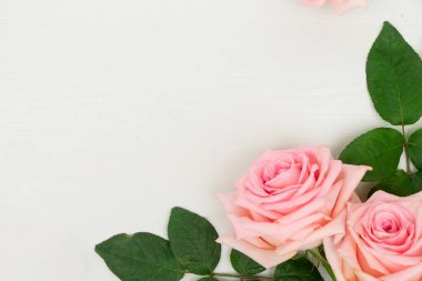 İki gül taze çiçeklerle yukarıdaki masada kopya alanı Masaüstü, düz yatıyordu sahnede