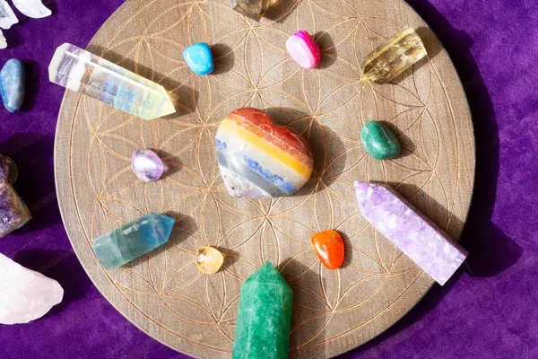 Gemstones Minerals Chakra Stones Life Flower Chart Magic Healing Rock — Stock Photo, Image