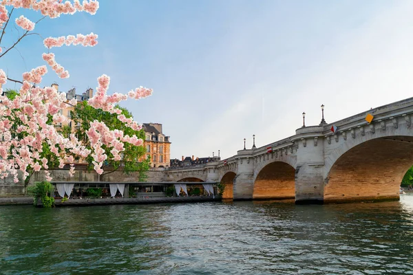 Eyfel Kulesi ve Seine nehir kıyısı, alçak açı, baharda Paris, Fransa