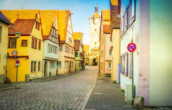 Small street with old houses of Rothenburg ob der Tauber, Germany