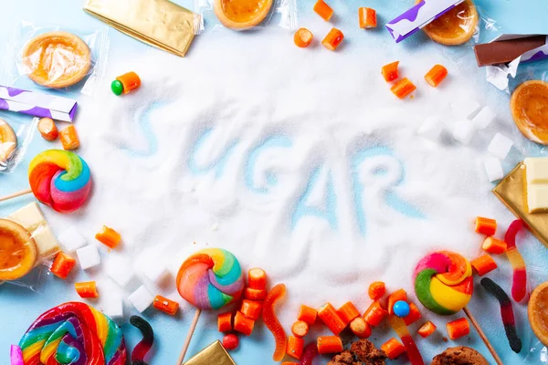 stock image Sweets with sugar, flat lay top view scene with word sugar