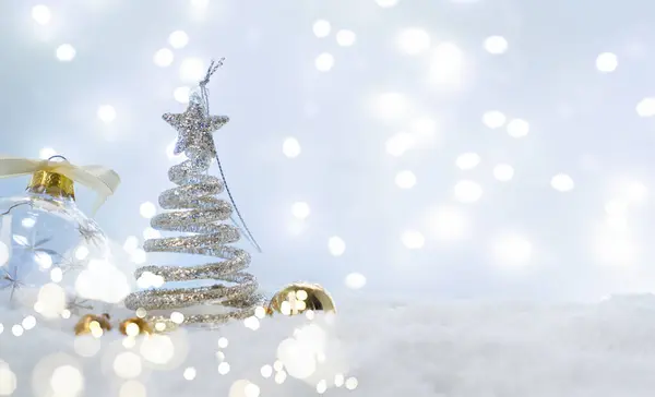 White Christmas Christmas Tree Snow Bokeh Lights Background Stock Picture