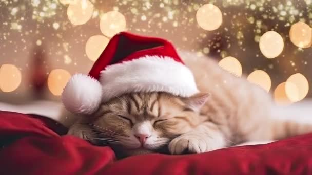 ソファーで寝ているクリスマスの帽子の猫 — ストック動画