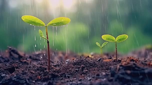 Jonge Planten Die Groeien Onder Vallende Regen — Stockvideo