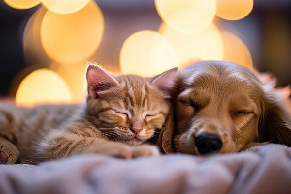 Lindo Gatito Cachorro Durmiendo Juntos — Foto de Stock
