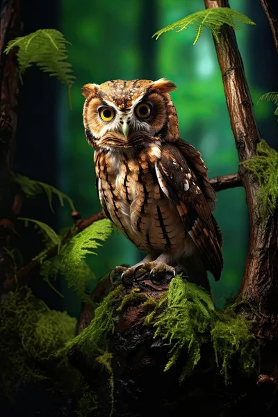 big owl sitting on branch in forest