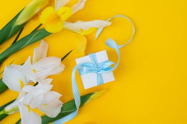 Parlak sarı bahar arka planında çiçekler, hediye kutusuyla Paskalya bayramı arkaplanı.