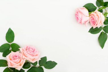 Üstten görünüm sahne taze çiçeklerle gül yaprakları kopya alanı, düz ile yukarıdan ışık masada yattı