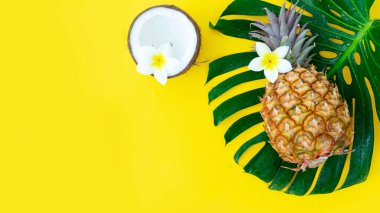 Tropikal yeşil yaprakları, coco ve ananas, kopya alanı sarı arka plan afiş ile sahne yaz düz göklere