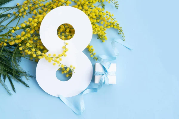 Mimosa çiçekleri mavi bahar arka planında, 8 Mart bayram arka planında, Mimosa çiçekleri 8 Mart uluslararası kadınlar için geleneksel çiçeklerdir.