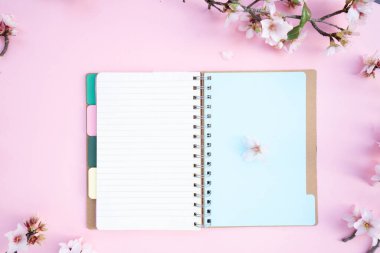 bahar kirazı ve badem ağacı çiçek açan çiçekler pembe arkaplan üzerinde ve açık defter üzerinde kopya alanı