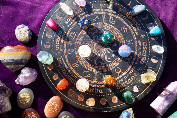 Horoscope zodiac circle with divination dice and birthstones. Fortune telling and astrology predictions charts concept, magic rituals and exoteric experience