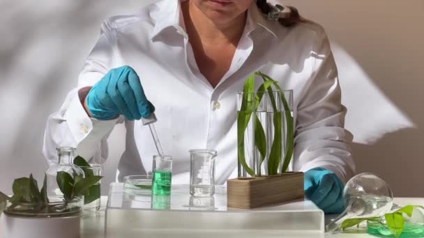 Concepto Ciencia Naturaleza Laboratorio Verde Con Mujer Investigadora Inspeccionando Tubos — Vídeo de stock
