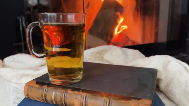 Evdeki Şöminede Yanan Ateş Bir Fincan Çay Kitapla Kapanış Sıcak — Stok video