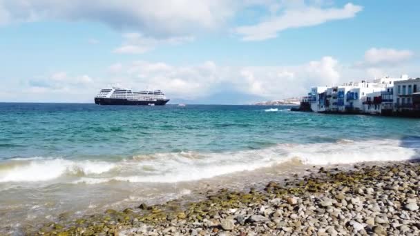Mała Wenecja Wyspie Mykonos Grecja Lecie Statkiem Wycieczkowym — Wideo stockowe
