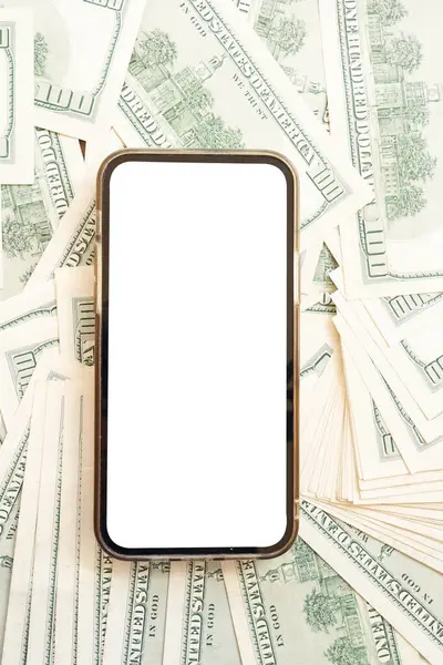 Financial app concept phone with blank screen over dollars bills