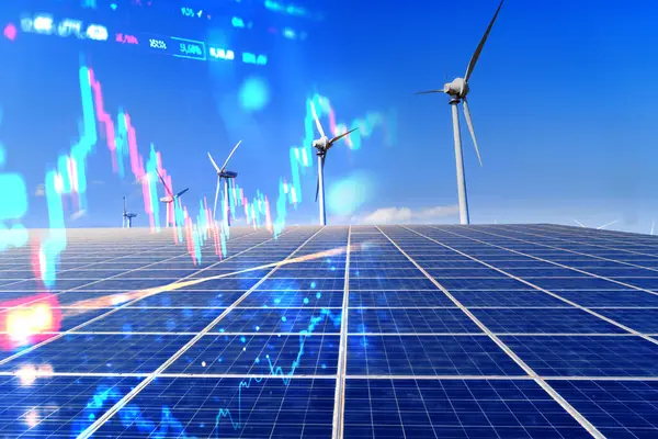 alternative energy concept - solar plant and wind mill farm with prices chart, increase in electricity prices on the world market.