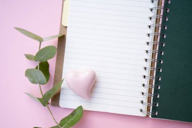 Açık defter ve yeşil okaliptüs yapraklı sıfır atık kavramı pembe arkaplan üzerinde