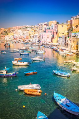 Procida island colorful town with harbor, Italy