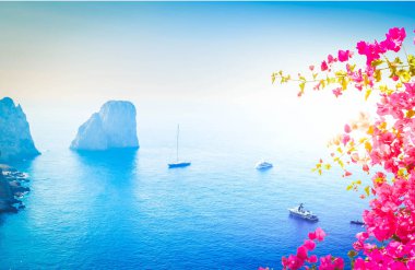 Ünlü Faraglioni kayalıkları ve çiçekli Tiren Denizi mavi su, Capri adası, İtalya