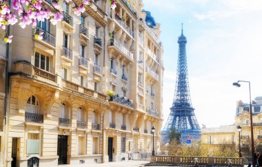 Meşhur Eyfel Kulesi ve yazın Paris şehri, güneşli Paris Fransa