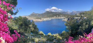 view of Port Soller harbour from above, Mallorca at summer, Spain
