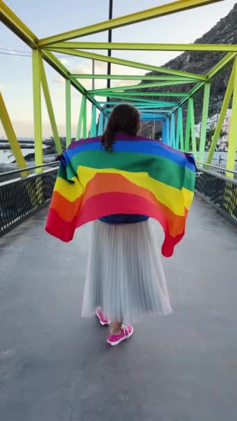 Gay Orgulho Desfile Mulher Andando Com Arco Íris Lgbt Bandeiras — Vídeo de Stock