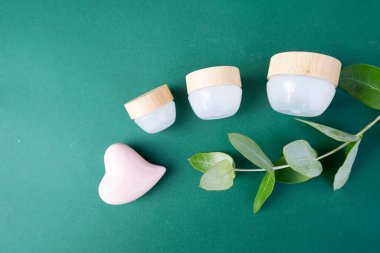 Doğal kozmetik konsepti, koyu yeşil arka planda krema kavanozları.