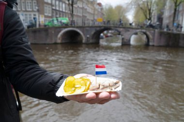 Geleneksel Hollanda ringasıyla ekmek tutan adam, ulusal atıştırmalık.